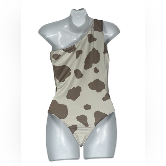 Saints & Hearts Asymmetrical Brown and Cream‎ Bodysuit with Cow Print Small NWT - Picture 2 of 7